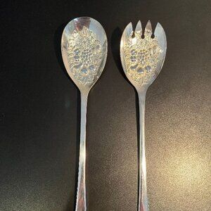Vintage EPNS England Silverplate Grapevine Design Salad Serving Set